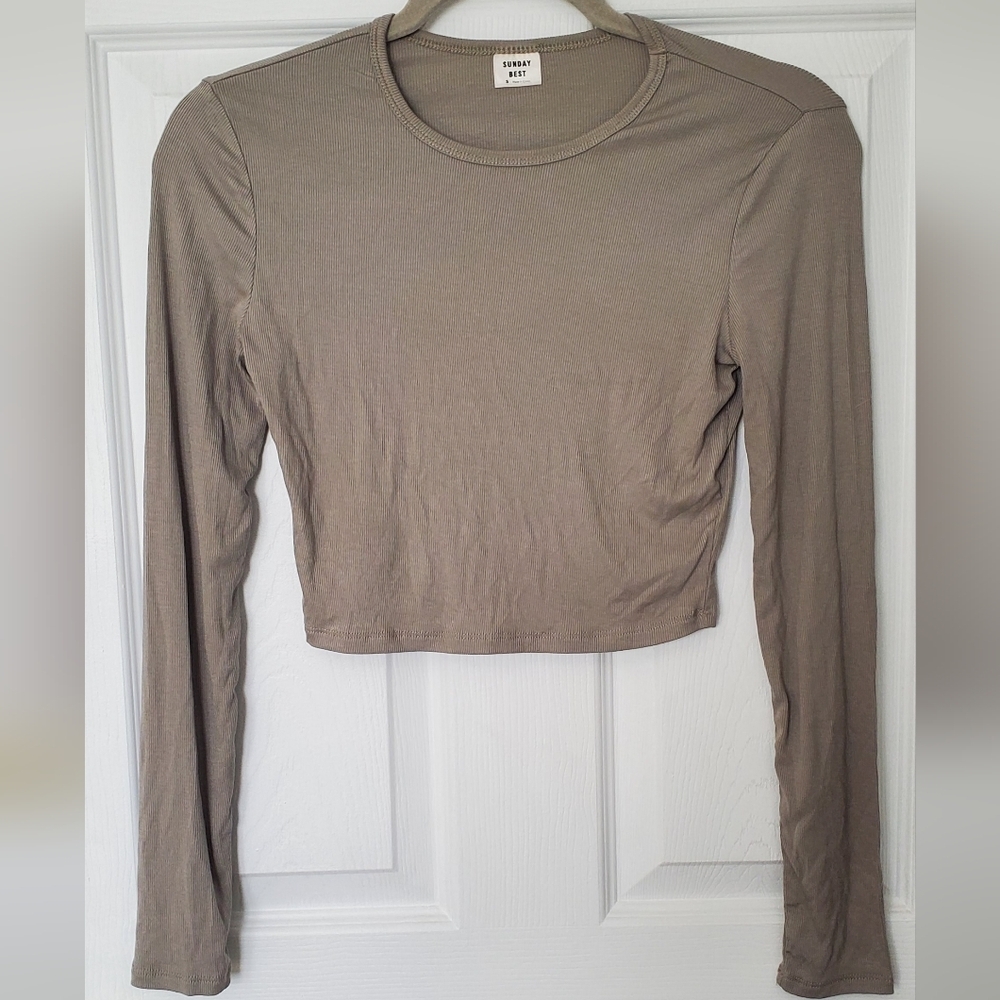 Aritzia Sunday Best Sage Long Sleeve Crop Top Taupe Beige Fitted Crew Neck Size